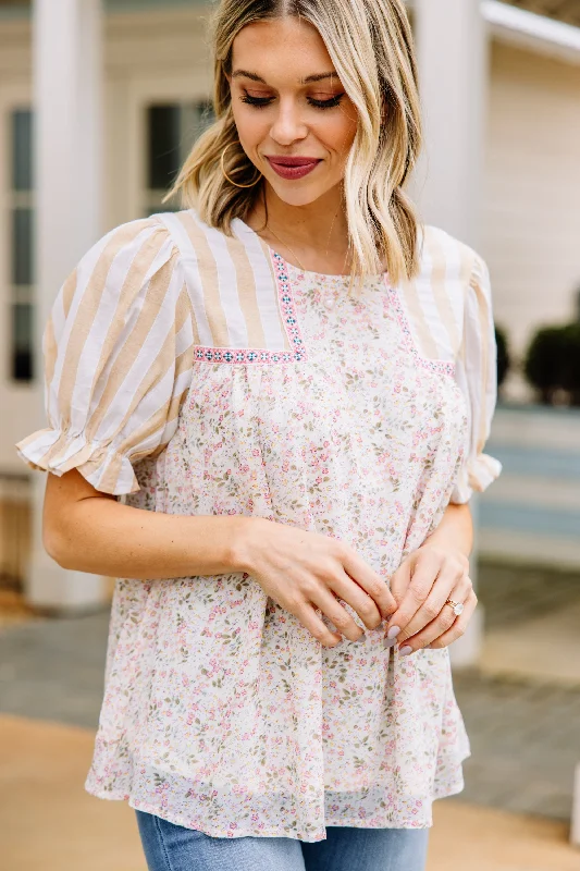Bonus Offer Find Yourself Cream White Mixed Print Top