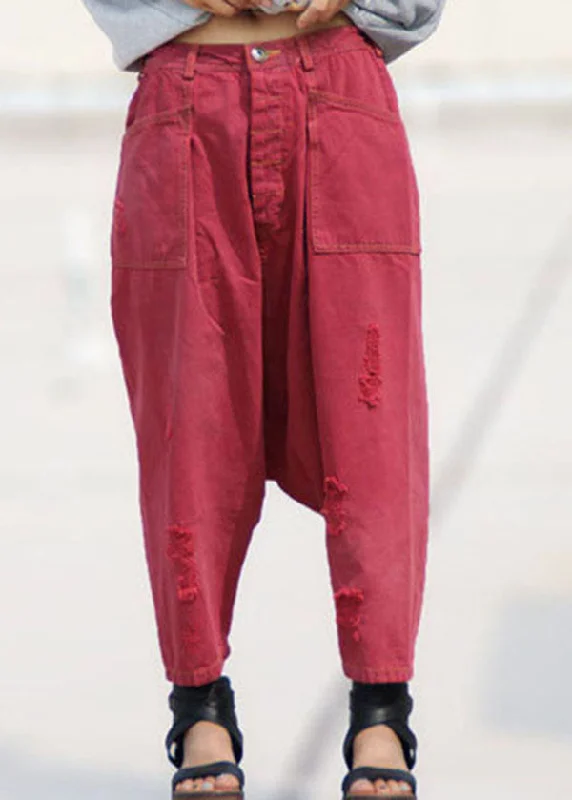 Get It Before It’s Gone Fashion Red Pockets Patchwork Denim Harem Crop Pants Spring