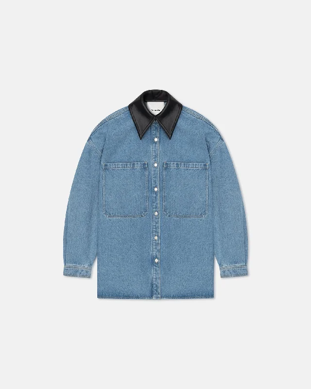 Weekend Bargains to Snag Beaux - Leather-Trimmed Denim Shirt - Mid Blue