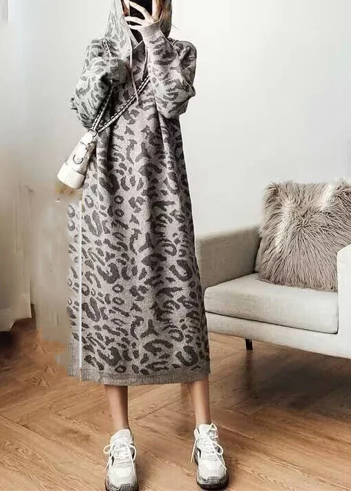 Overstock Fashion Grey Leopard Cozy Hoodie Knit Sweater Dress Fall
