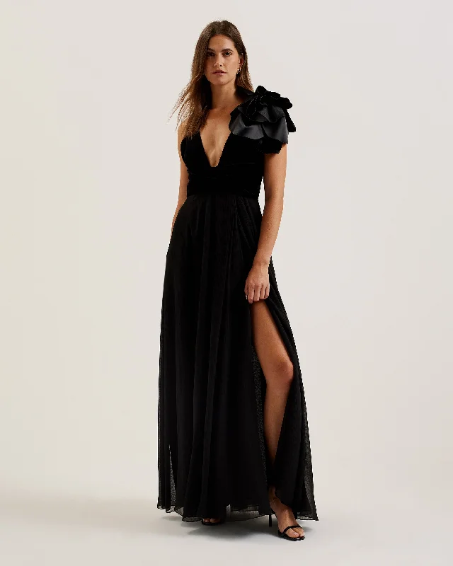 Beira Corsage Detail Maxi Dress With Front Slit Black