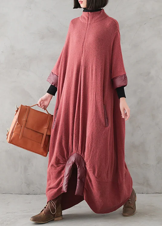 Super Sale Loose Red Turtleneck Zippered Cashmere Knit Sweater Dress Winter