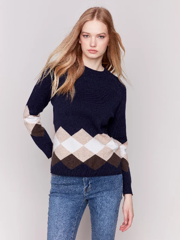 Instant Discount Jacquard Knit Argyle Sweater - Navy