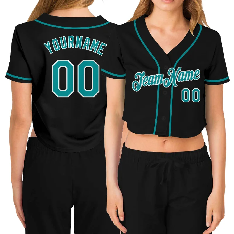Amazing Value Custom Women's Black Aqua-White V-Neck Cropped Baseball Jersey