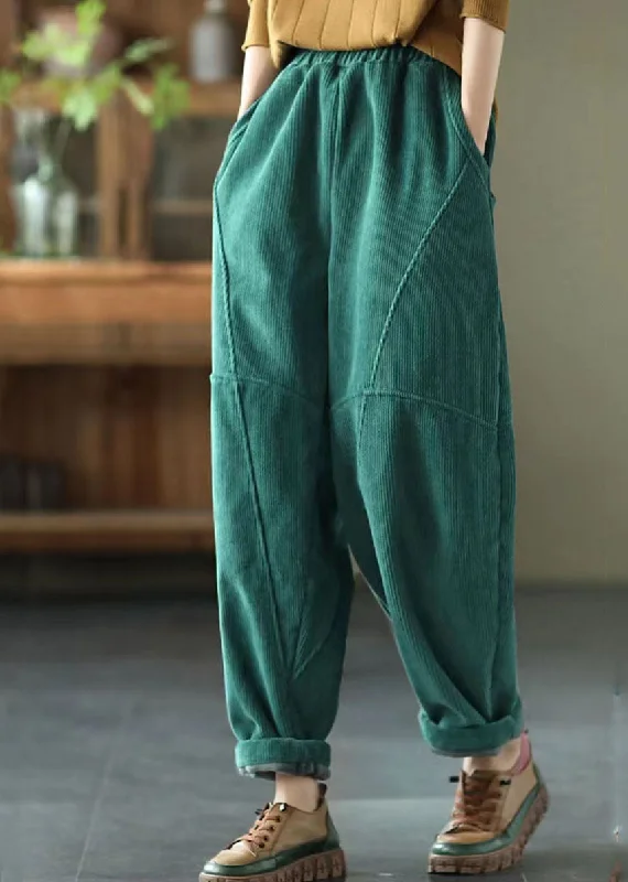 Celebrate the Weekend with Discounts Diy Green Elastic Waist Patchwork Corduroy Harem Pants Winter