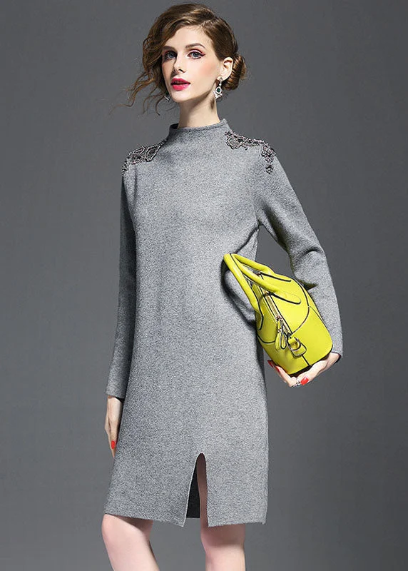 Markdown Sale Grey Knit Sweater Dress Turtle Neck Nail Bead Side Open Long Sleeve