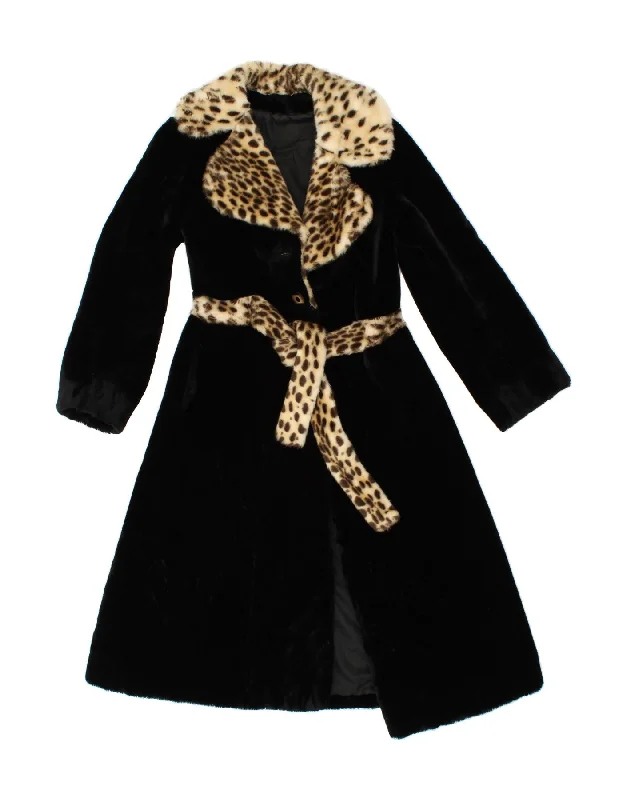 YEAR-End Sale VINTAGE Womens Faux Fur Overcoat UK 10 Small Black Animal Print