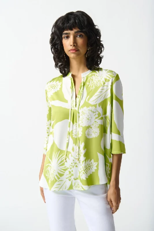 Mega Discount Joseph Ribkoff Key Lime/Vanilla Mandarin Collared 3/4 Sleeve Boxy Top 242184