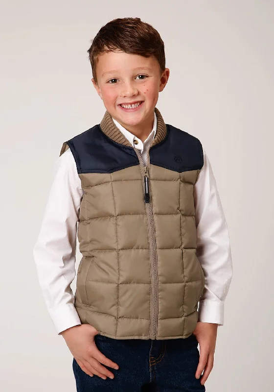 Roper Boys Khaki/Blue Polyester Insulated Western Vest