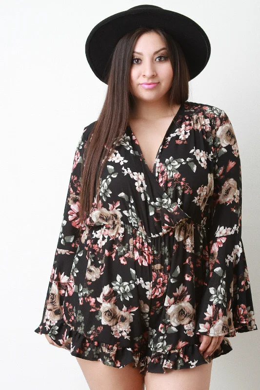Price Drop Floral Print Bell Sleeve Surplice Romper