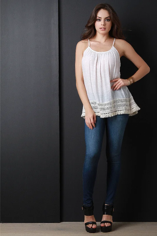 Instant Discount Crochet Trim Fringe Spaghetti Strap Top