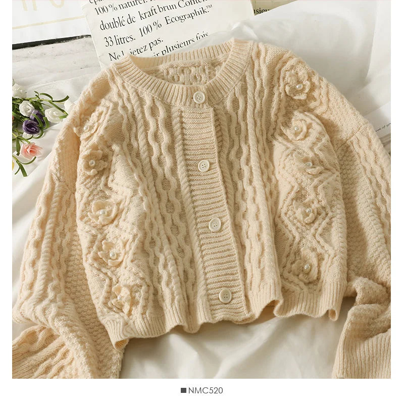 Price Reduction Sweater female nail bead three-dimensional flower single breasted cardigan top  1807