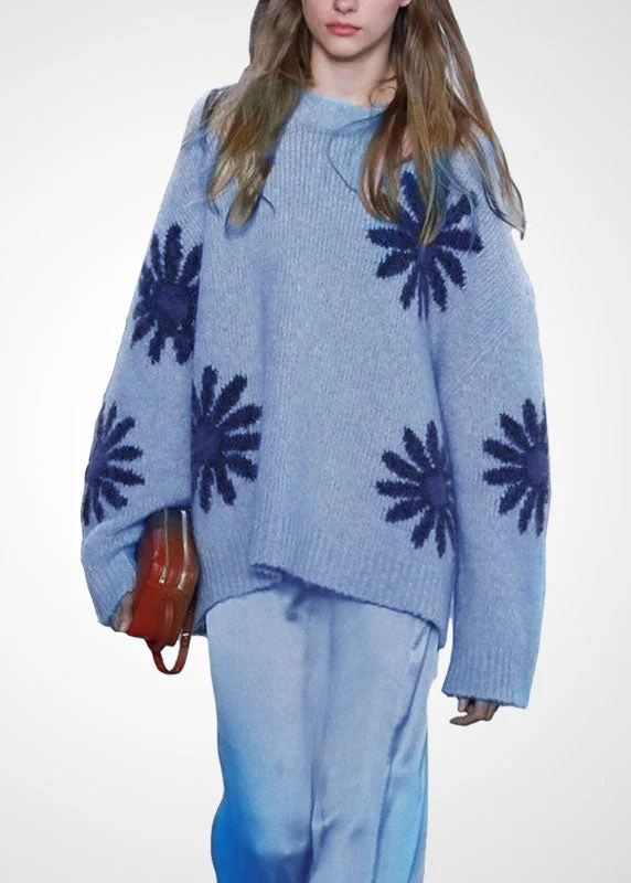 Weekend Savings Bonanza Elegant Blue O-Neck Thick Jacquard Cozy Wool Sweaters Winter