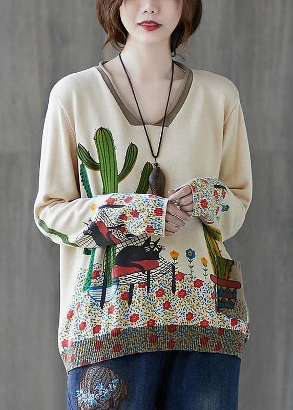Unbeatable Deal French Beige V Neck Loose Print Fall Casual Sweater