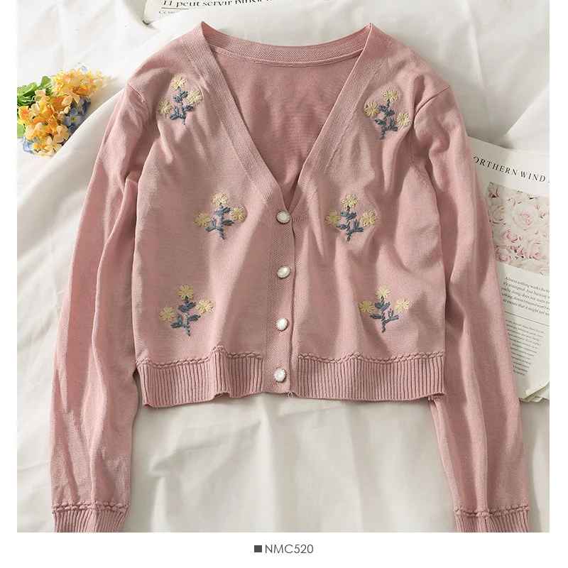 Bonus Savings Vintage embroidered short cardigan single breasted long sleeved sweater  1811