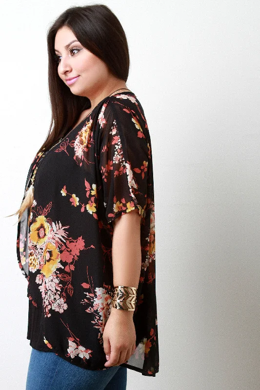 Discount Mania Floral Print Chiffon Dolman Sleeves Kimono