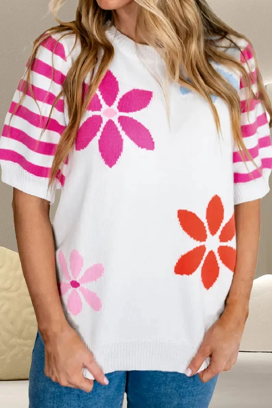 Seasonal Sale Flower Pattern Round Neck Half Sleeve Knit Top