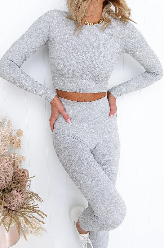 Best Bargains Light Grey Melange Ribbed Crop Long sleeve