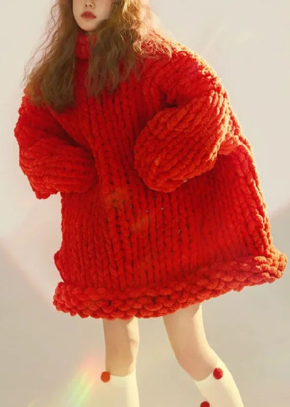 Weekend Savings Spectacular Loose Red Turtleneck Cozy Cable Cotton Knit Sweater Fall
