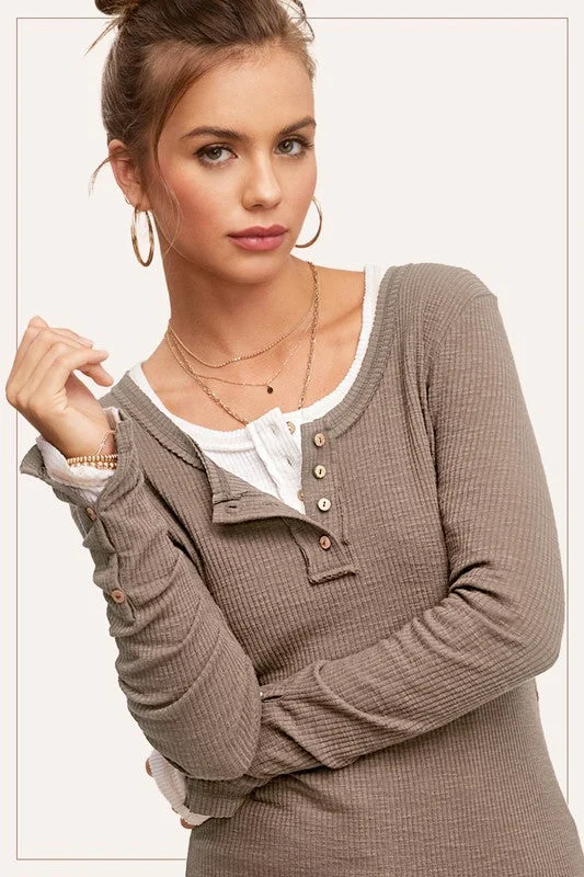 Anniversary Sale LAUREL RIBBED HENLEY STITCHED LONG SLEEVE TOP