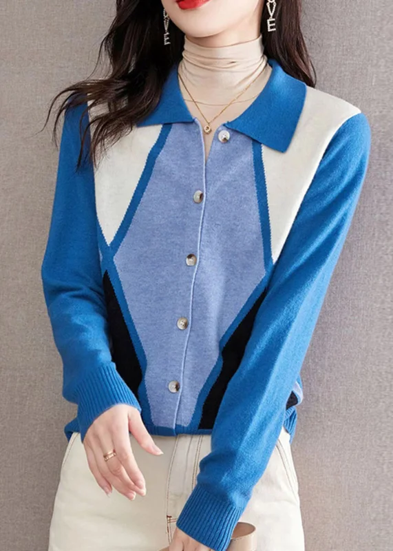 Great Bargains Italian Blue Peter Pan Collar Button Patchwork Knit Sweater Fall