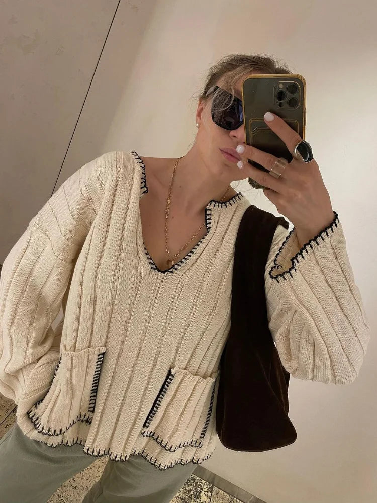 Last Chance Elegant Contrast V Neck Knitted Women Casual Long Sleeve With Pockets Loose Sweater Last Chance Elegant Contrast V Neck Knitted Women Casual Long Sleeve With Pockets Loose Sweater
