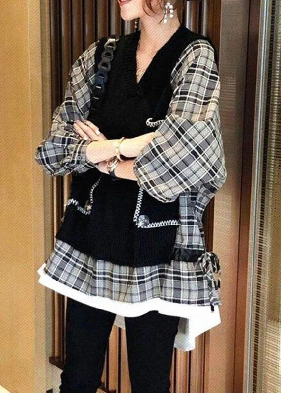 Buy More, Save More Natural Black Knit Patchwork Plaid Loose Fall Knit Sweater