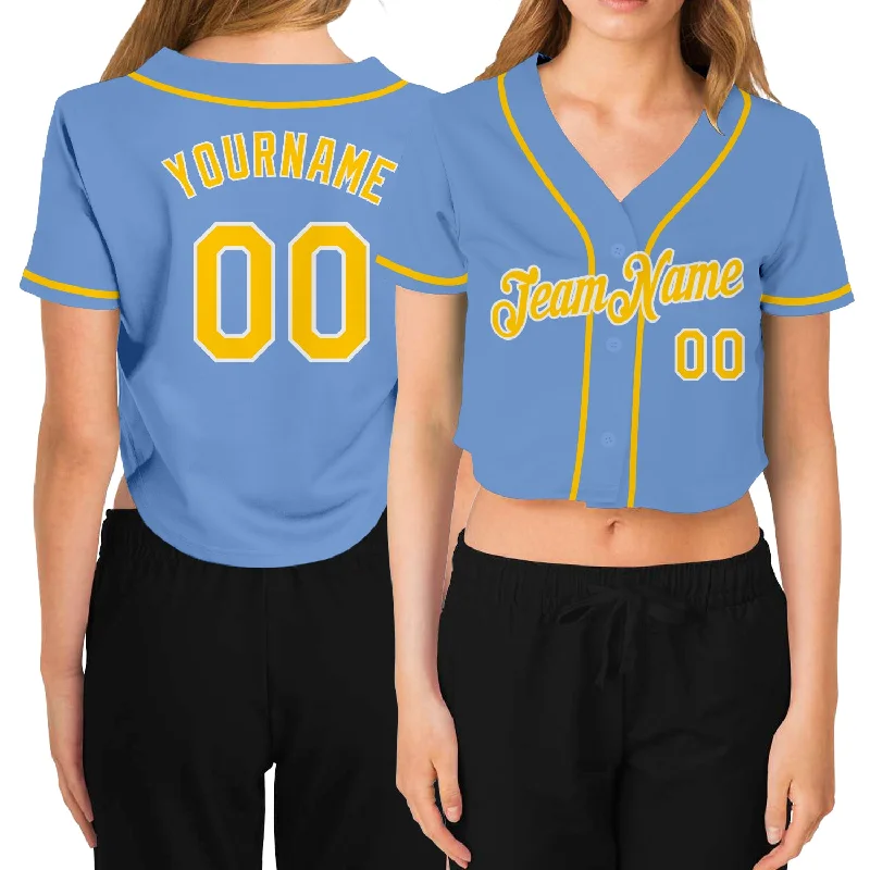 Time-Sensitive Custom Women's Light Blue Gold-White V-Neck Cropped Baseball Jersey