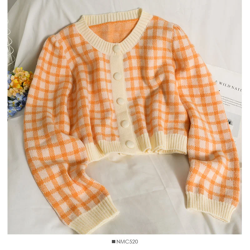 Weekend Offers That Amaze Korean retro color block check short loose knit women's shirt  1815
