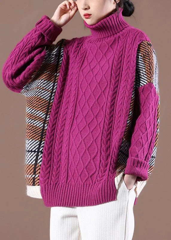Seasonal Clearance Natural Rose Patchwork High neck Casual Fall Knit Sweater