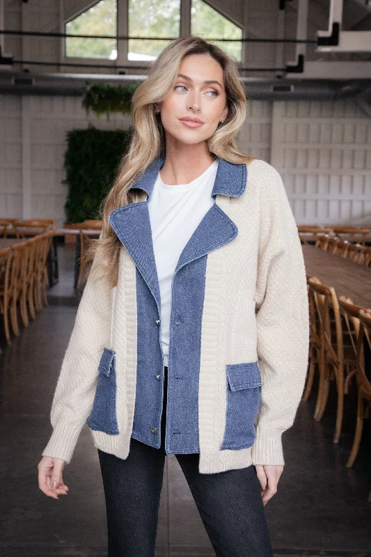 Final Markdown Cindy Denim & Sweater Contrast Jacket, Ivory/Denim