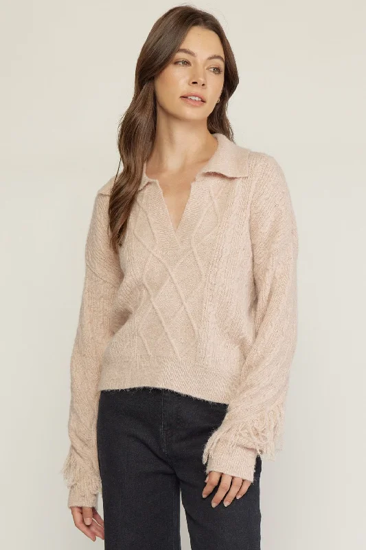 Year-End Sale Cable knit collared long sleeve top with fringe