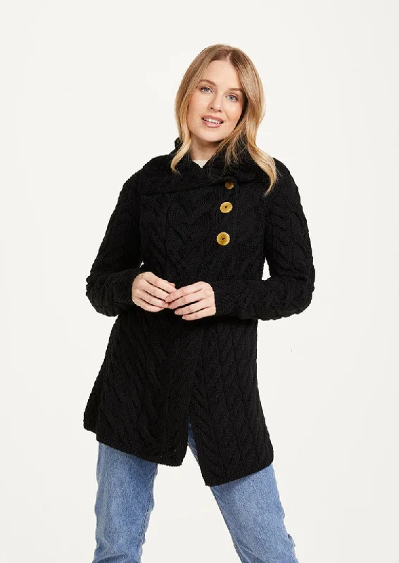 Limited Time Offer Aran 3 Buttoned Longline Cardigan | Black