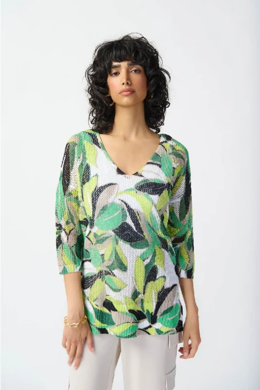 Closeout Deal Joseph Ribkoff Vanilla/Multi Leaf Print 3/4 Sleeve Crochet Sweater Top 241918