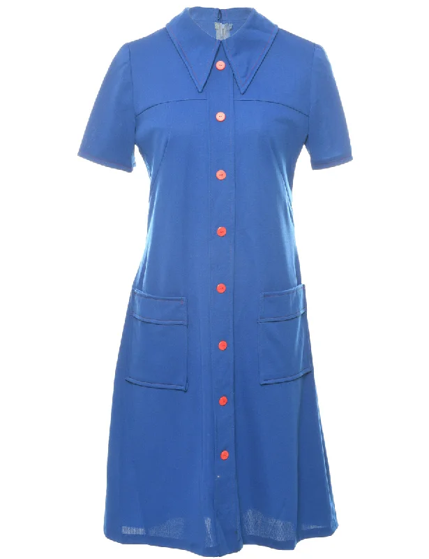 70's Collar Blue Dress - M