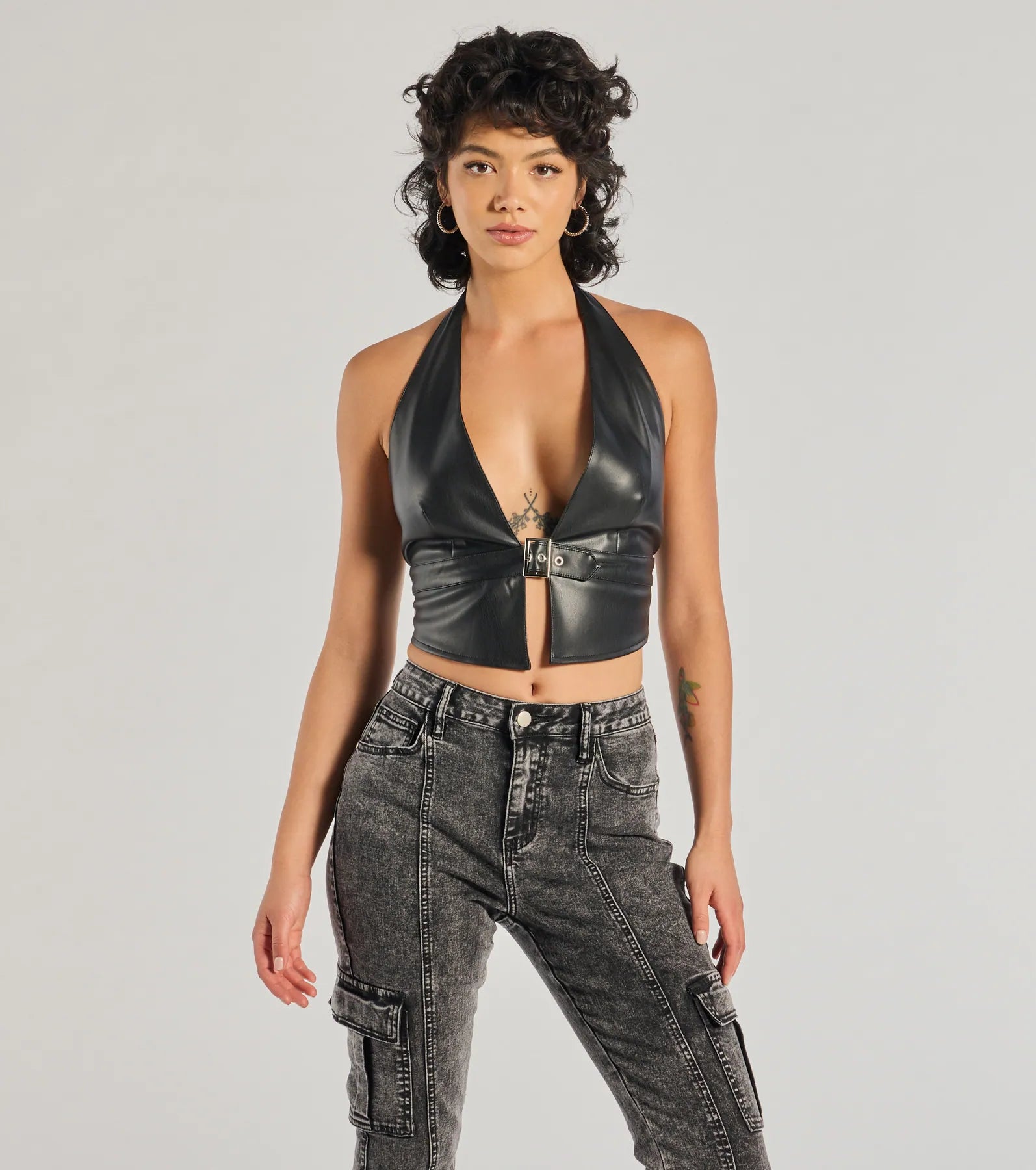 Inventory Reduction Sultry Muse Buckle Strap Faux Leather Crop Top