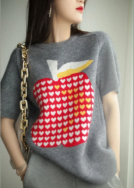 Weekend Offers That Dazzle Natural Grey O Neck Jacquard Patchwork Cashmere Sweater Short Sleeve