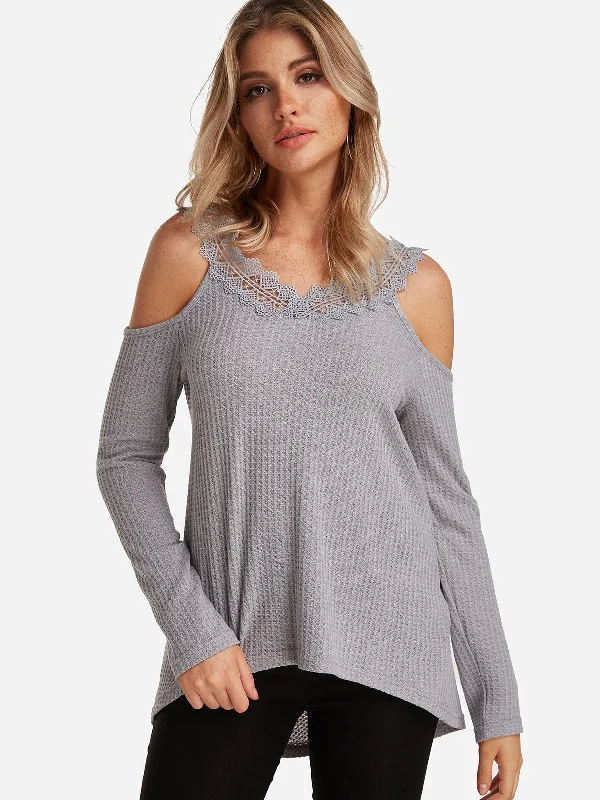 Weekend Offers That Dazzle Custom Cold Shoulder Plain Lace Long Sleeve Grey T-Shirts