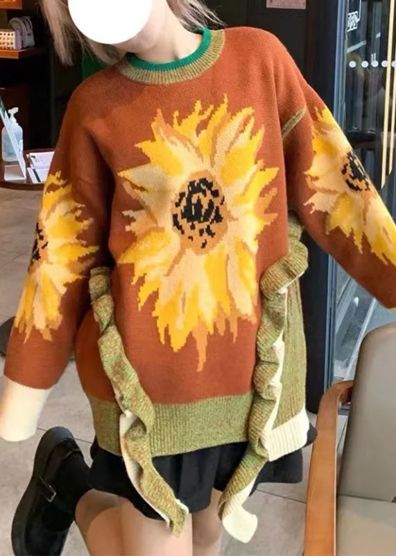 Bonus Savings French Orange Print Ruffled Patchwork Cotton Knit Sweater Long Sleeve