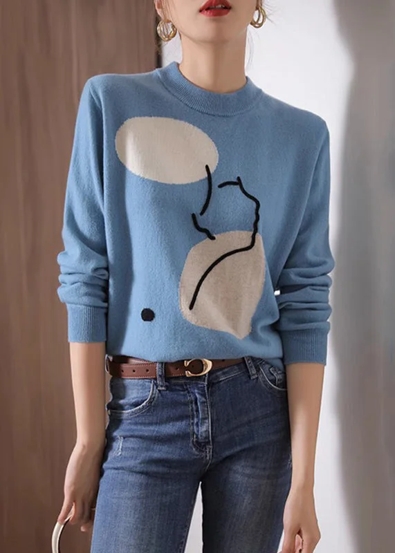Fantastic Offers Fashion Blue O Neck Geometric Print Patchwork Knit Sweaters Fall