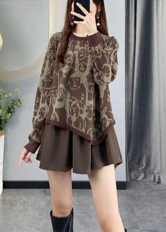 Now Available Fashion Coffee asymmetrical design Patchwork Print Fall Knit sweaters