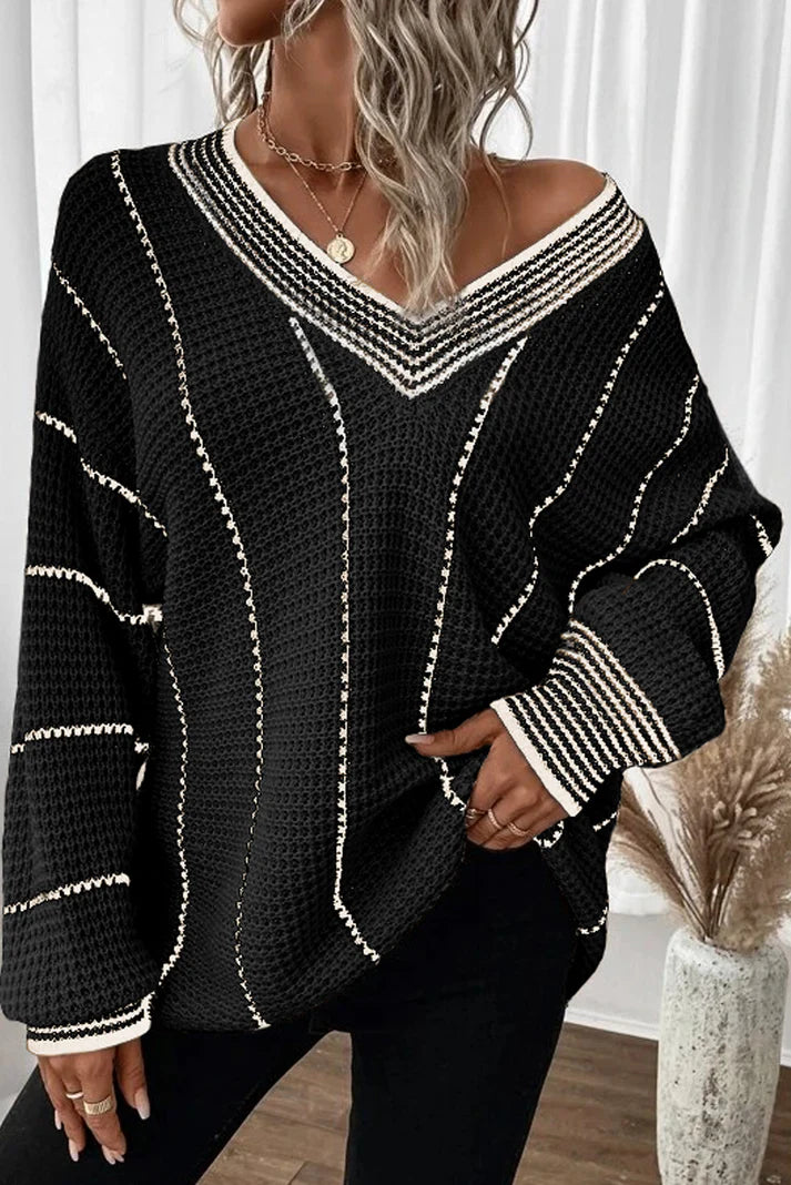 Epic Deals Striped V-Neck Long Sleeve Sweater