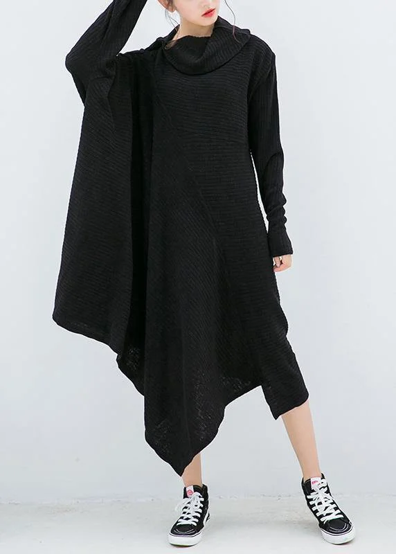 Steal Deal Knitted black Sweater dresses Design asymmetric Big high neck knitted tops