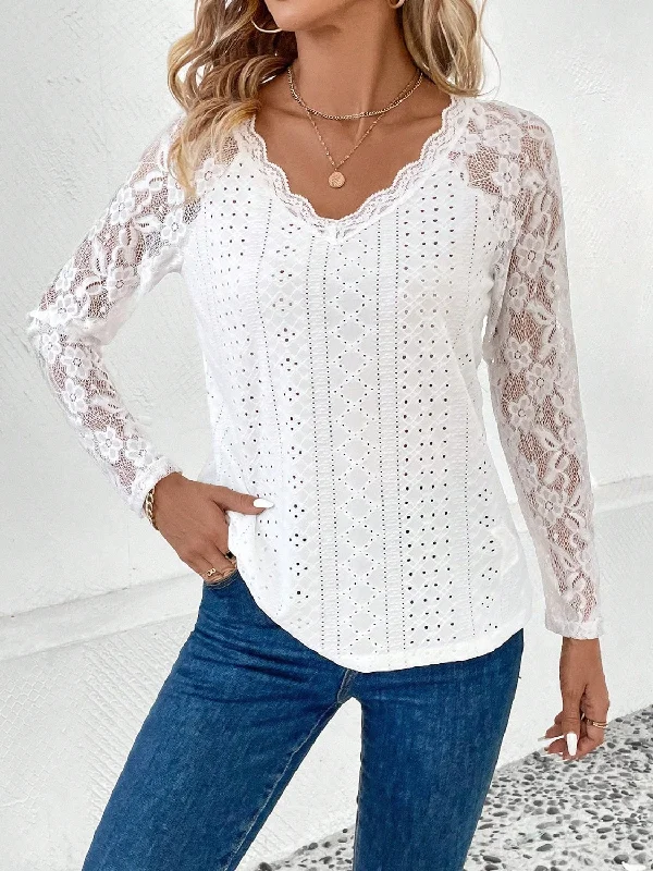 Act Fast Lace Eyelet V-Neck Long Sleeve Blouse