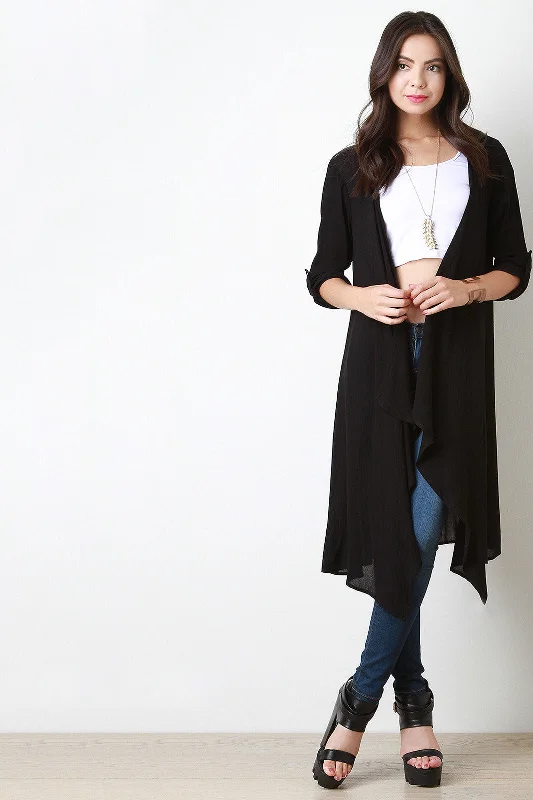 Weekend Bargains Just for You Crinkle Quarter Sleeves Open Front Longline Cardigan