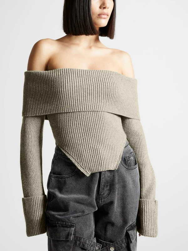 Sale Event Off Shoulder Overfold Trendy Ribbed Knit Sweater