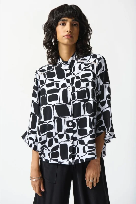 Weekend Sale: Don't Miss Out Joseph Ribkoff Vanilla/Black Geometric Print Button Front Boxy Blouse 242213
