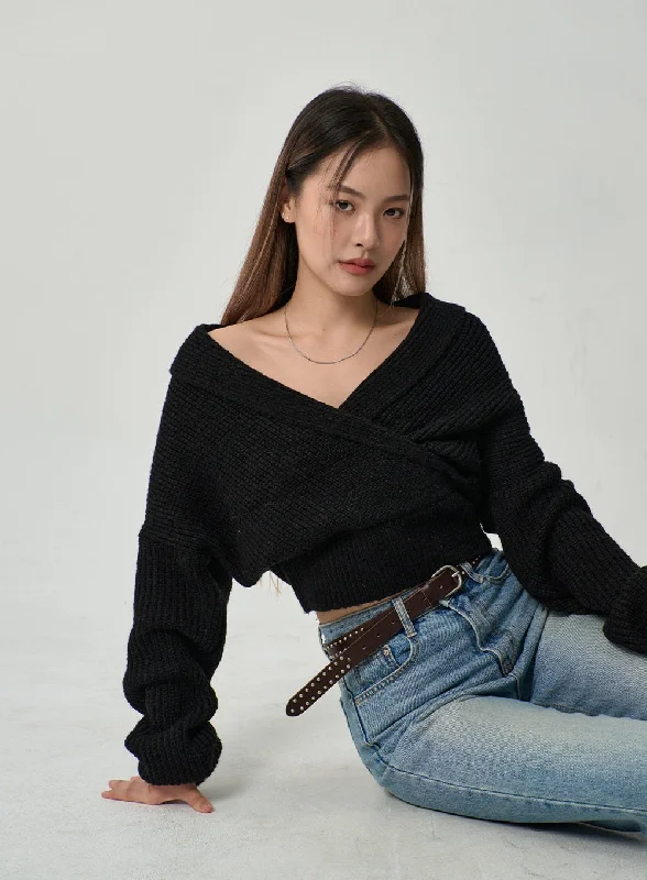 Price Smash Off-Shoulder V-Neck Crossed Sweater CD19