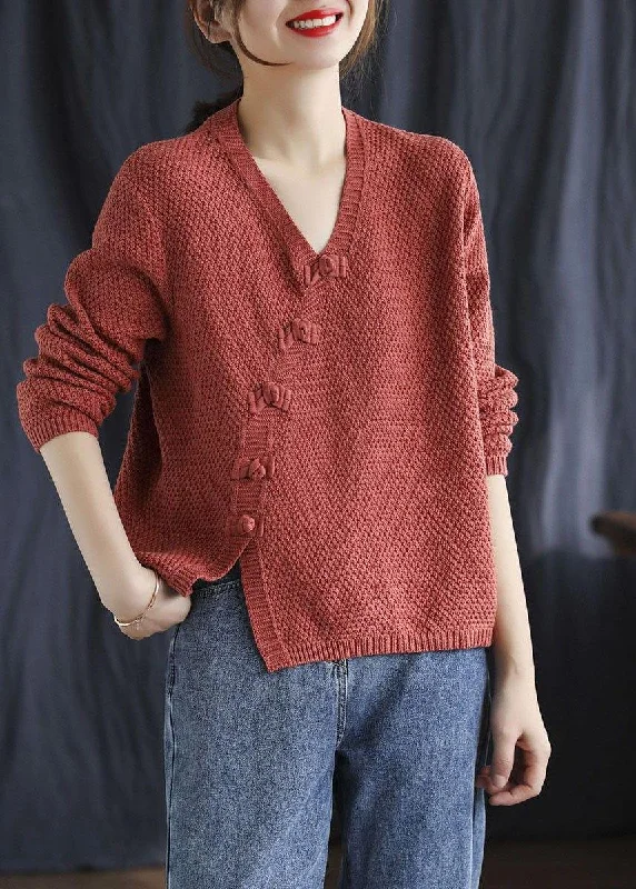 Savings Event Fitted Red V Neck Button Patchwork Fall Knitted Sweaters