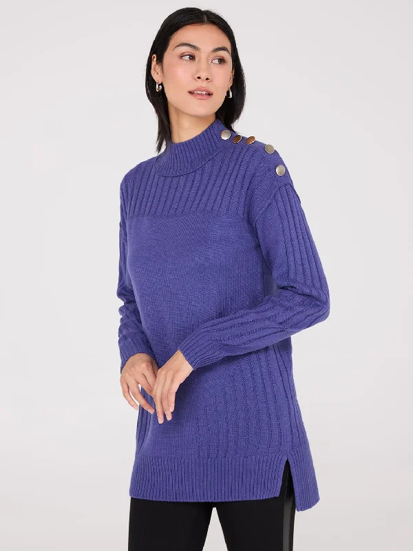 Epic Deals Mock Neck Tunic Sweater With Button Details
